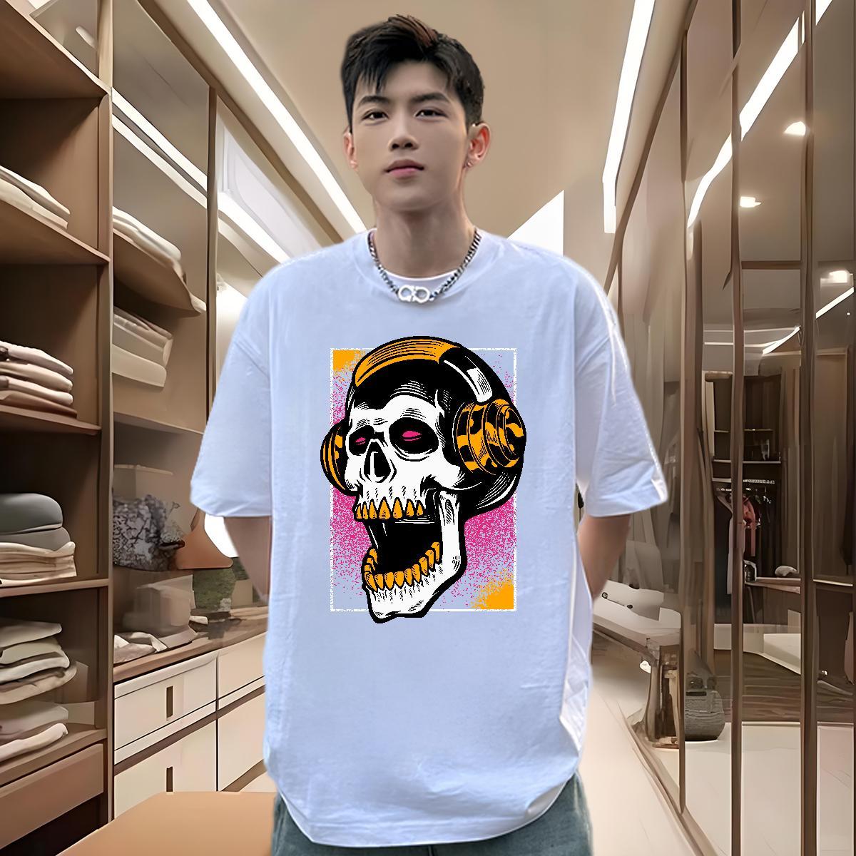 High Quality T Shirts Men 230g Pure Cotton skull Beach DIY Printed O Neck Short Sleeves Tshirt for Man Woman Fashion Clothings