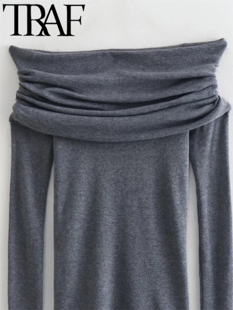 TRAF GAL Spring Casual Off Shoulder Elastic Knitted Mujer Pullovers Foldsover Long Sleeve Slim Sweater Women Crop Top Y2K 240824