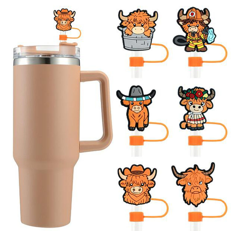 2024 hot sell reusable cute cup straws tip protector 10mm silicone PVC cow straw topper covers straws charms dust plug