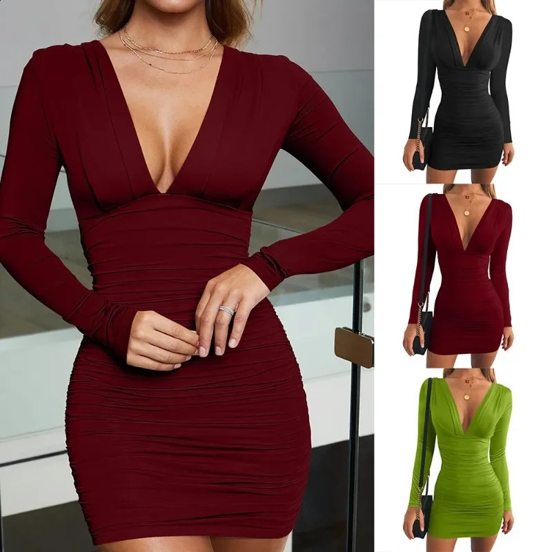 Womens Sexy Deep V-neck Mini Dress Fashion Solid Color Long Sleeve Elastic Tight Dress Bar Club Party Sexy Hip Skirt 240823
