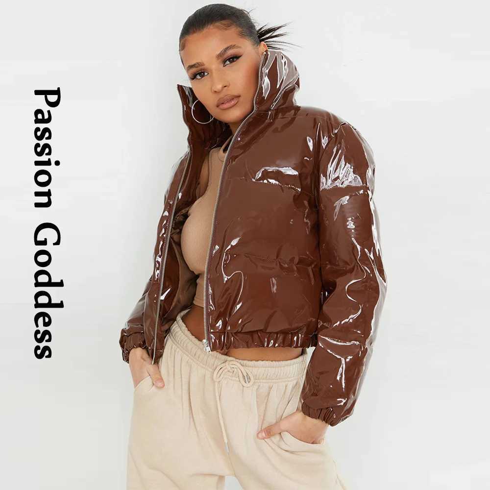 Women's Down Parkas Winter Women Cute Shiny PU Leather Puffer Jacket Warm Thick Bubble Coats Bright Leather Parkas Down Red PU Zipper Cropped Puf