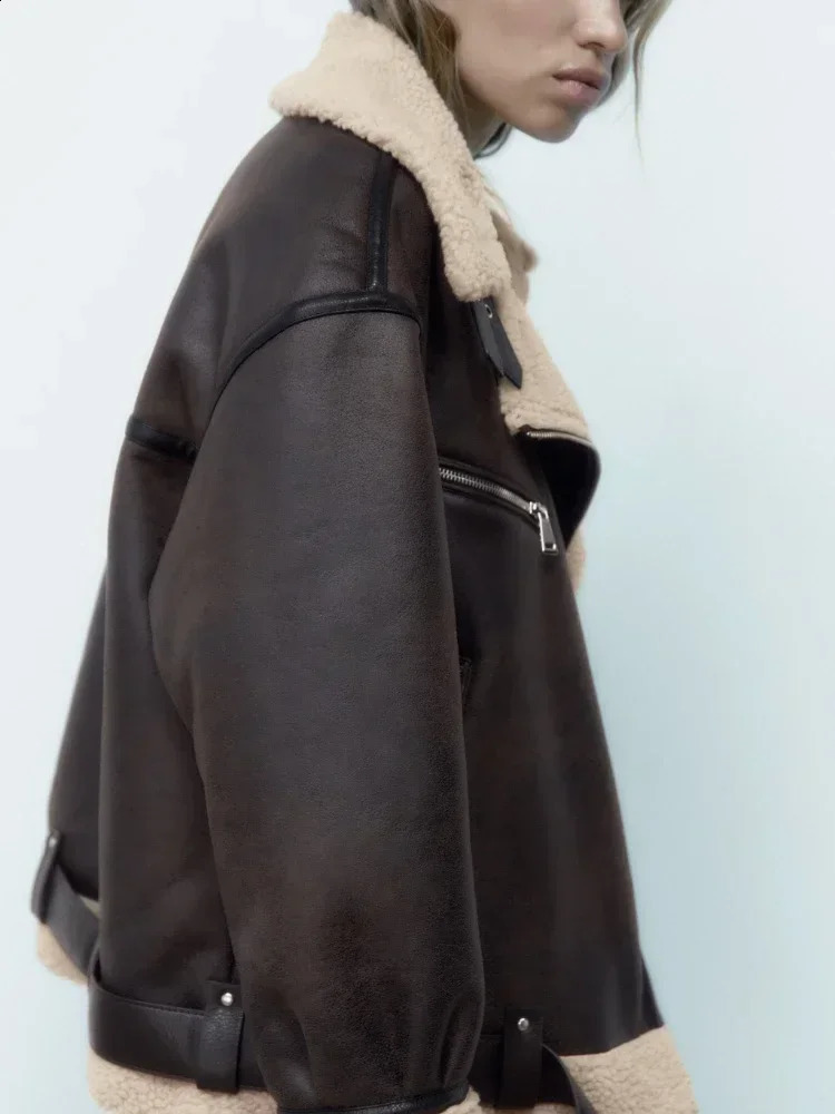 Womans Thick Warm Double Faced Faux Shearling Jacket Fall Winter Lapel Long Sleeve Belted Hem Zip Clre Female Outerwear 240823