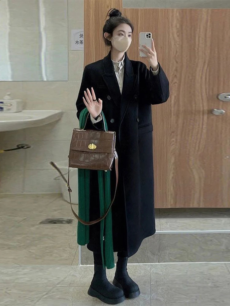 Korea Woolen Long Jackets Coats Tops Winter Laper Double Breasted Abrigos Casual Chaquetas Overcoat Classic Women Warm Casacos 240823