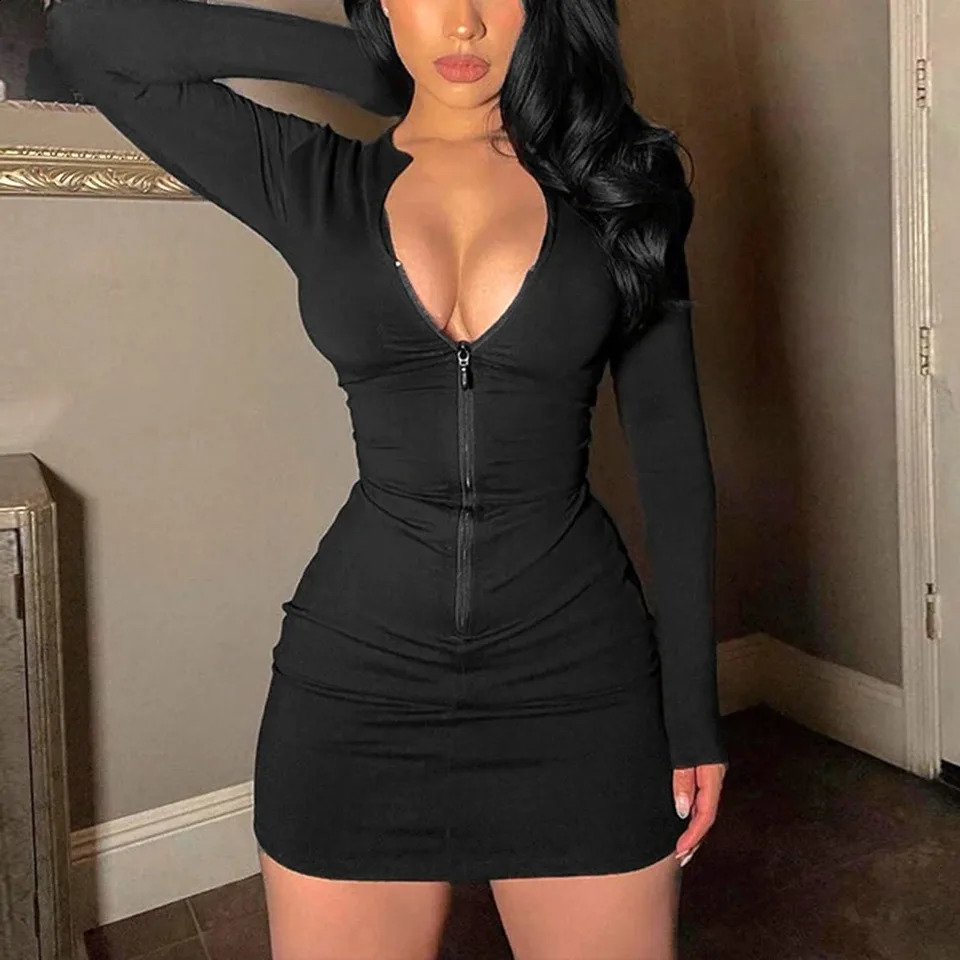 Women Summer Zipper V-neck Long Sleeve Mini Dress Bodycon Sexy Streetwear Party Club Clothes Sportswear Autumn Winter Outfit 240823