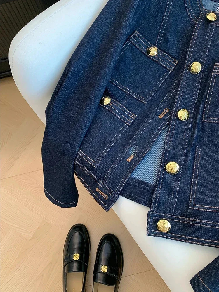 Syiwidii Blue Denim Jacket Women Autumn Classic Style Short Coat Korean Fashion Pockets O-Neck Female Loose Jackets 240824