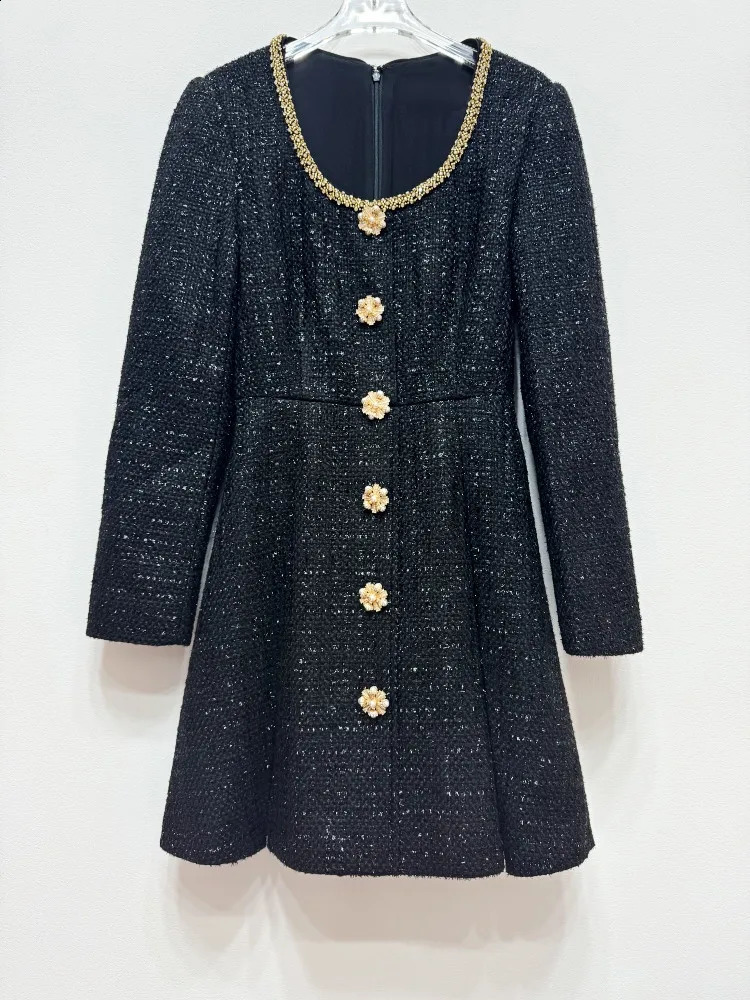 Beading Pearl Rhinestone Decoration Women Zipper Dress Classic Black Tweed O-Neck Female Long Sleeve Spring Mini Robe 240824