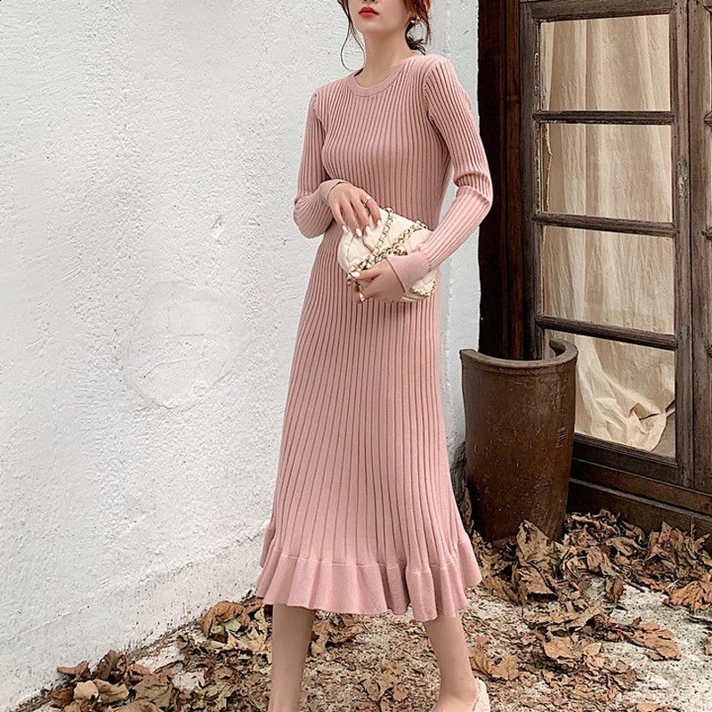 Women Clothing Autumn Winter Fashion Elegant Ruffle Ribbed Knitted Dresses Casual Solid O Neck Long Sleeve Slim Basic Midi Dress 240824