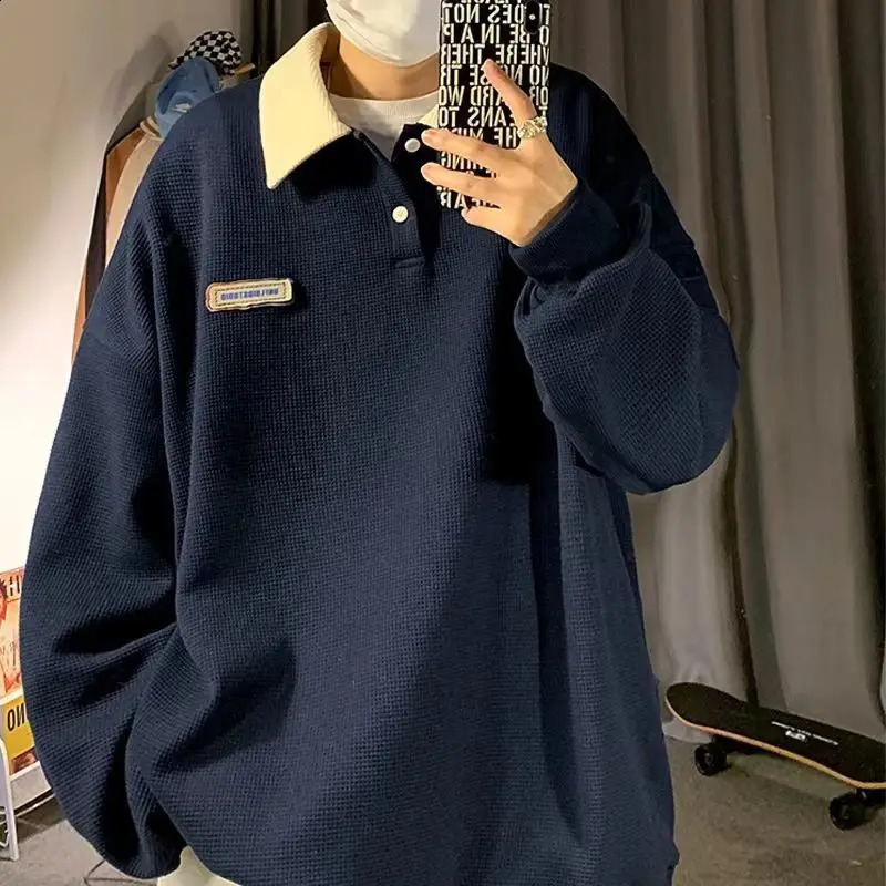 Autumn sweatshirt mens lapel long-sleeved POLO shirt trend ins American retro mens and womens same style couple jacket 240824