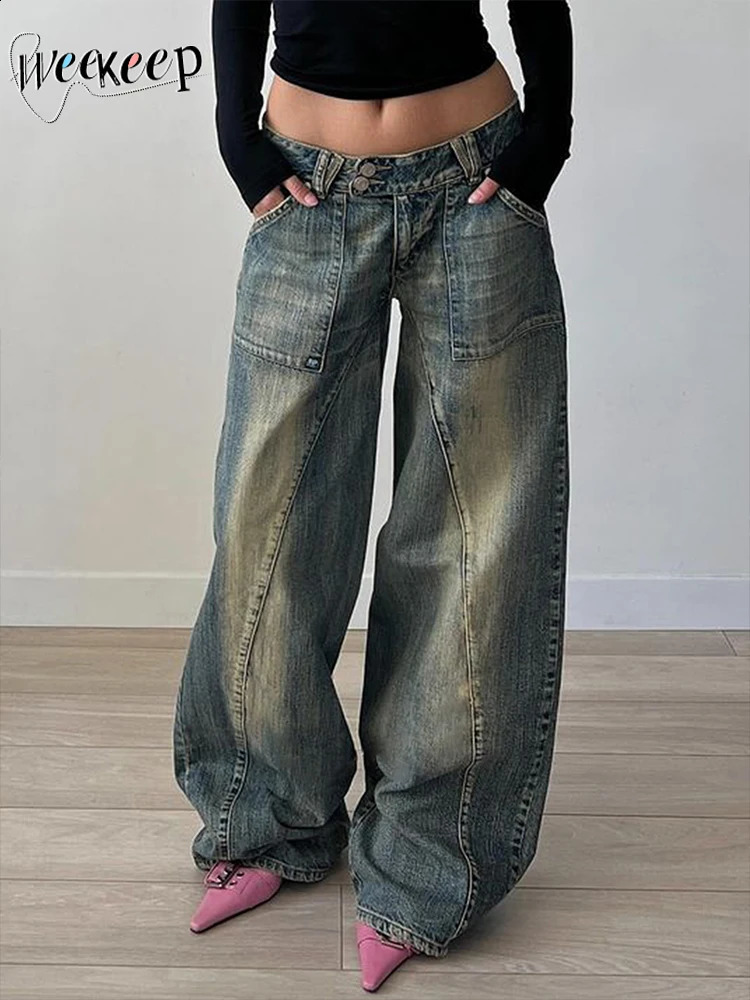 Weekeep retro street style oversized jeans Grunge 2000s low rise loose denim pants y2k fashion Korean mom women 240823