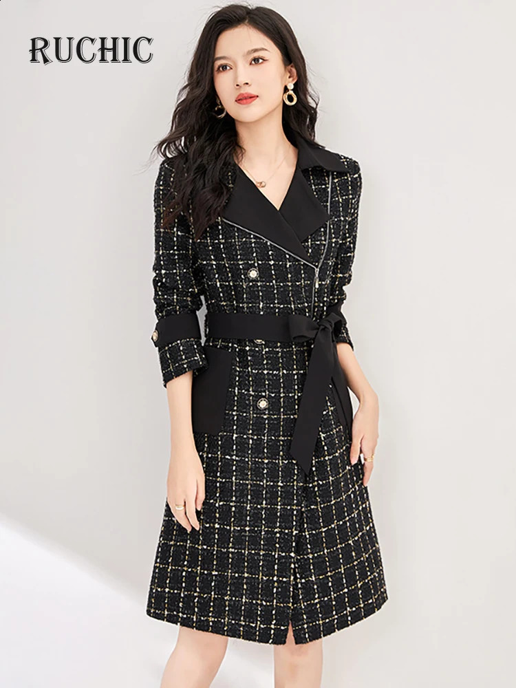 RuChic Autumn Women Fashion Dress Notched Collar Long Sleeve Tweed Double Breasted Lace-up Waist Elegant Dresses 240824