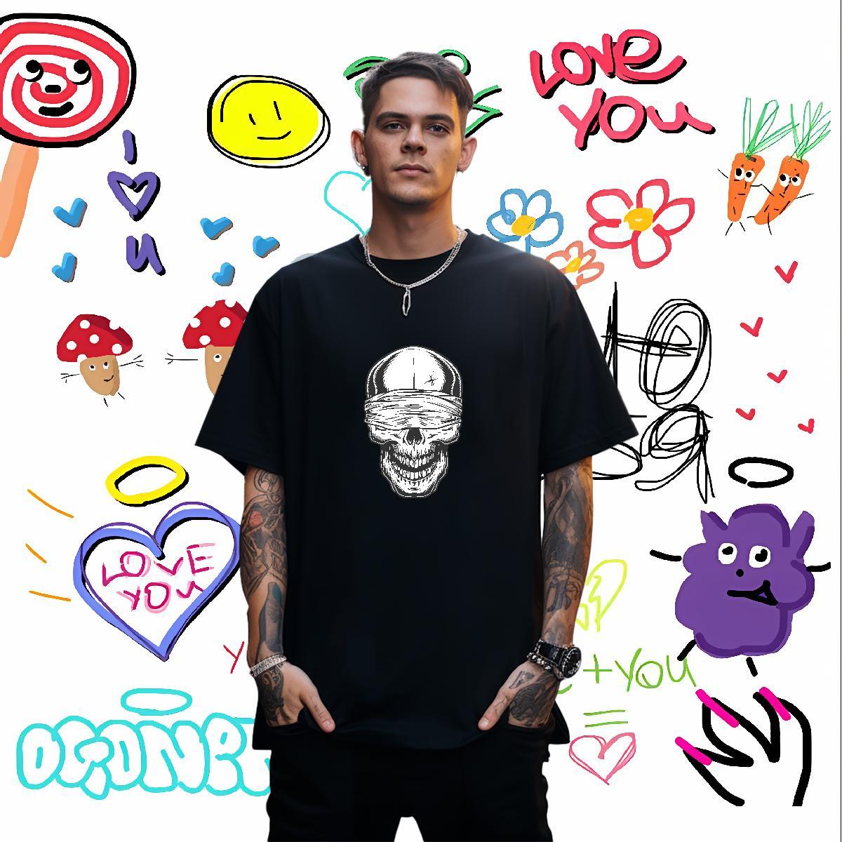 Loose Mens T Shirts 230g 100% Cotton skull Spring Summer Floral Print Breathable Short Sleeve Tshirts Free Shipping Tops Tees