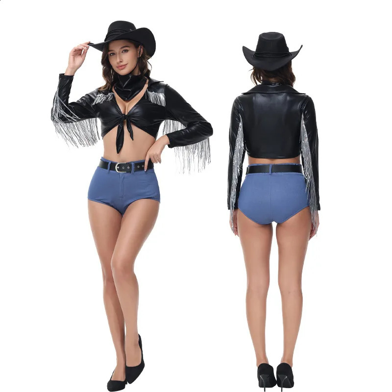 Halloween Western Cowboy Black Patent Leather Sexy Split DJ Female Singer Set Bar Performance Stage Costume 240823