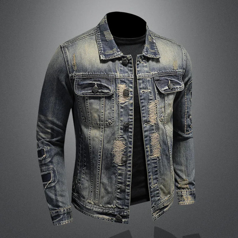 SpringSummer Fashion Trend Tear Vintage Jeans Jacket Mens Casual Loose Comfortable High Quality Plus Size 240824