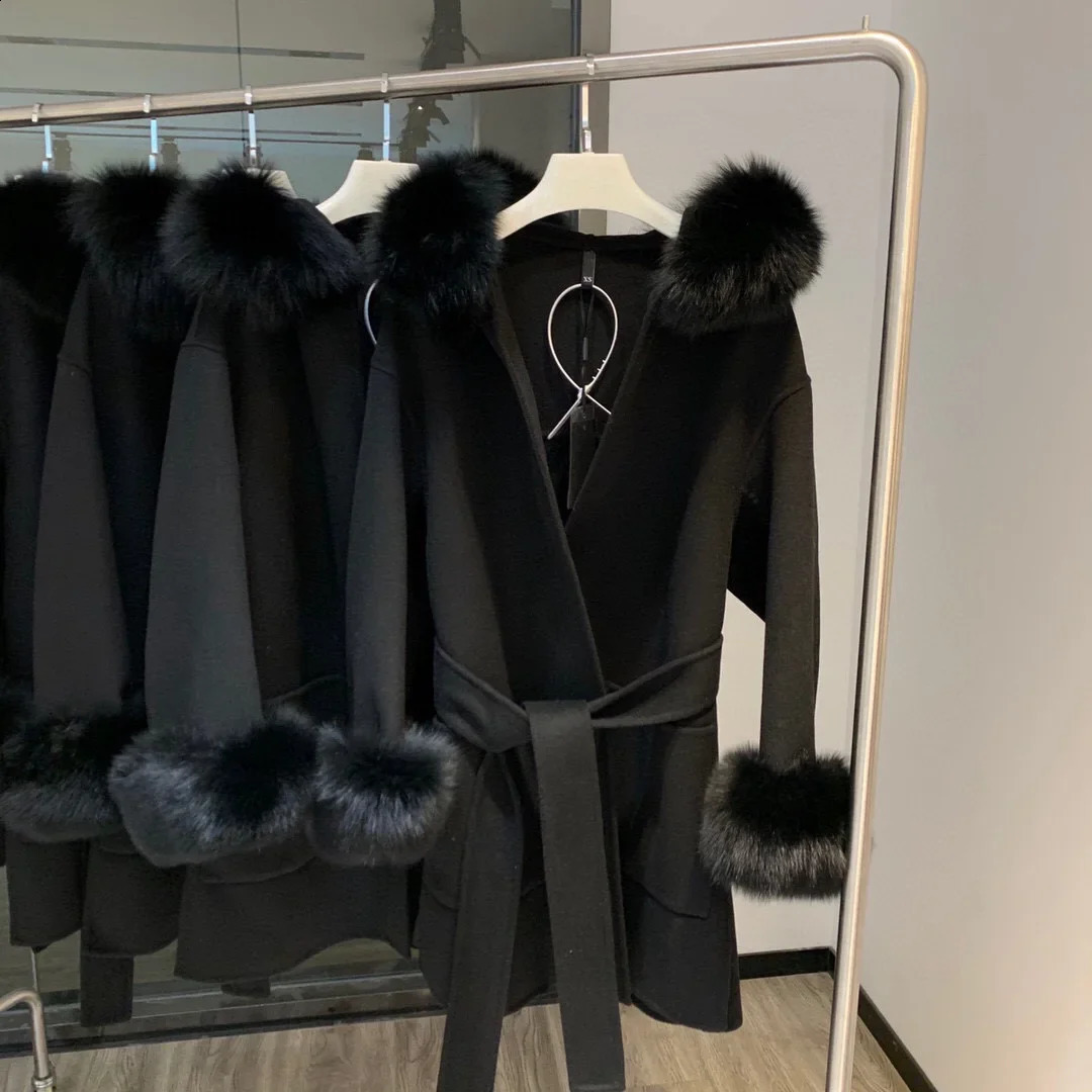 Korean hooded cashmere long coat with hood real fox fur hood decoration womens warm big coat womens hooded coat spring loose coat 240824