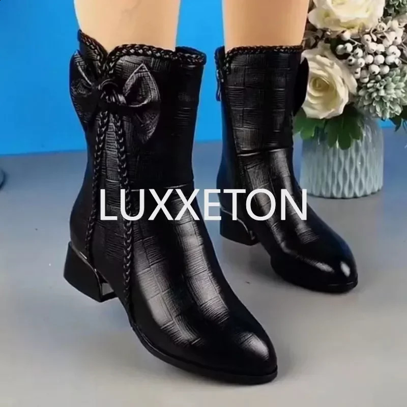 Winter Plush Warm Bow Round Head Leather Fashion Boots 240823