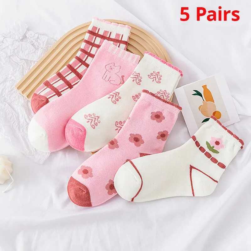 5 Pairs Pink Flower Knit Warm Childrens Socks For Girls Socks Kids Womens Cute Cartoon Medium Stockings CL240824
