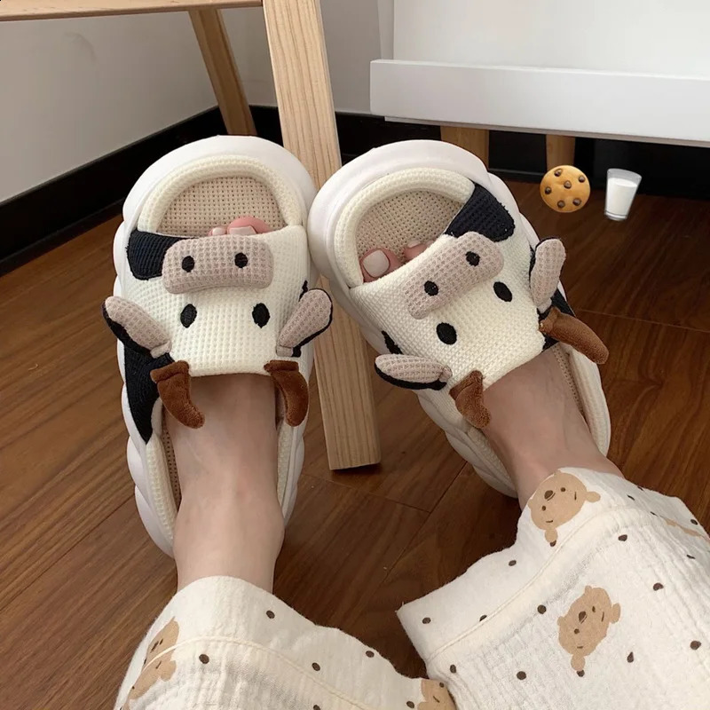 Funny Animal Slippers For Men Women Kawaii Fluffy Winter Warm Indoor Slipper Couples Cartoon Milk Cow House Slides Funny Shoes 240819