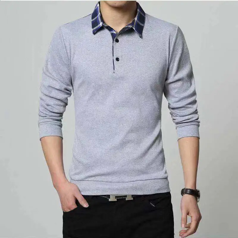 Spring Autumn Korean Business Casual Long Sleeve Polo Shirt Mens Lapel Print Button Patchwork Screw Thread Loose Cotton Tops 240824