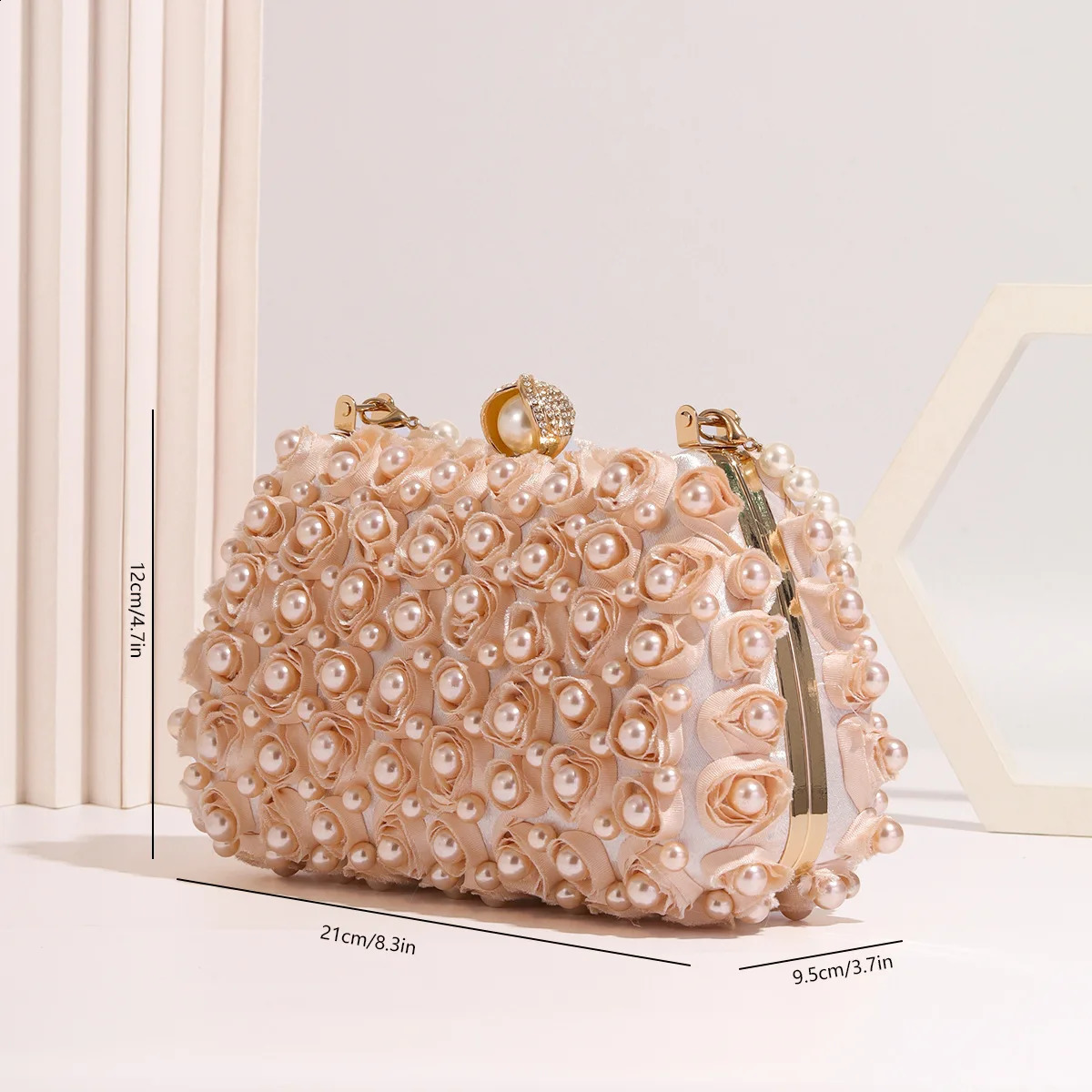 Fashion Champagne Pearl Rose flower Clutches Evening Bag For Women Chain Handbags Wedding Party Shoulder Bag Fine Trendy Clutch 240823