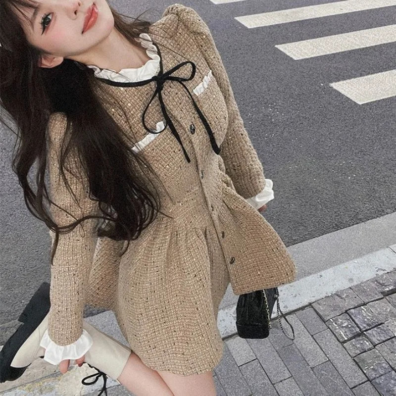 Autumn Winter Long Sleeved Dress Tweed Vestidos Elegantes Para Mujer Mini Party Plaid Retro Women Clothing Y2k Robe 240824