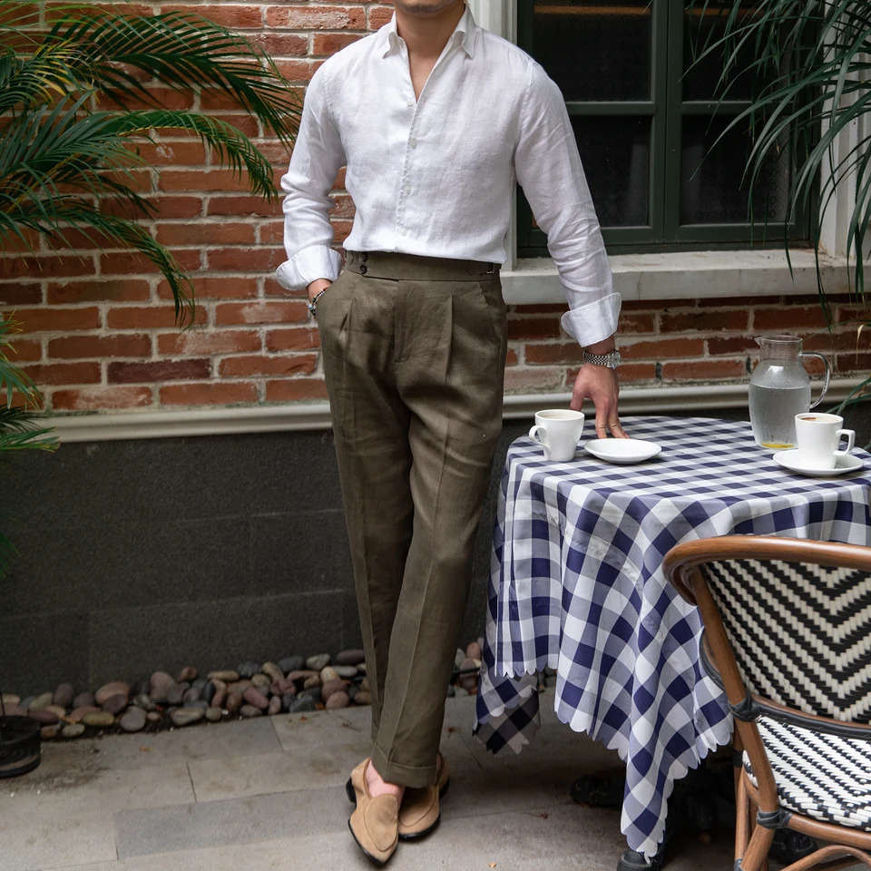Italian mens summer 100% linen single neck long sleeved breathable casual thin shirt 240823