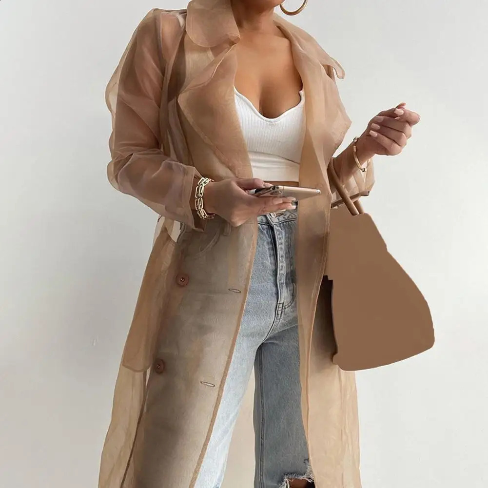 Women Shirt Coat Spring Summer See Through Outdoor Tops Elegant Net Yarn Turn Down Collar Long Trench For Daily Wear 240824 B1