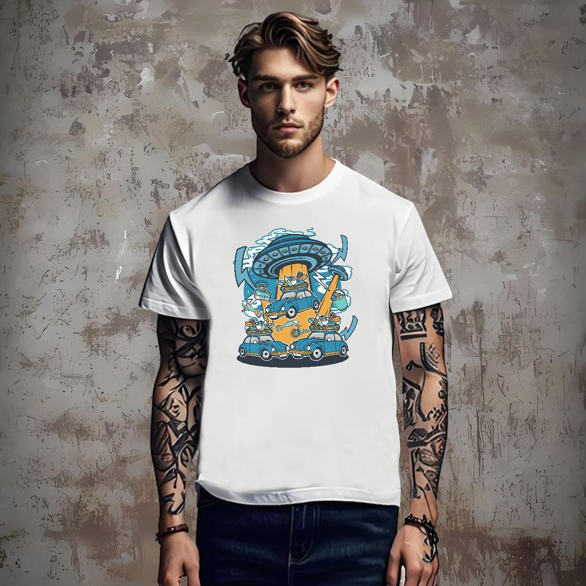 Loose Fit Man T Shirts 230g Cotton UFO Summer Casual Cartoon Print Short Sleeve O-Neck Men Tops Tees Wholesale Polos