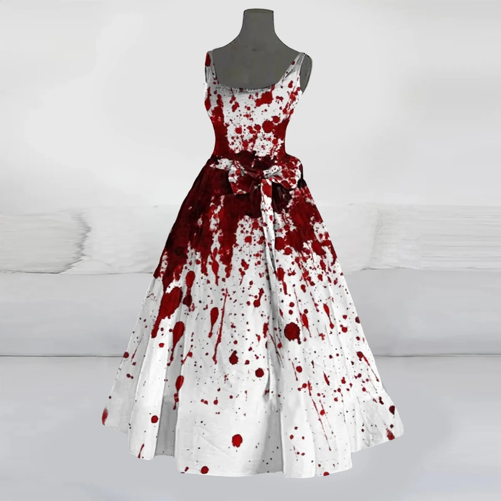 Halloween Horror Costume Womens Ball Dress Bloody Print Fluffy Sleeveless Tuned Cocktail Wedding Guest 240823
