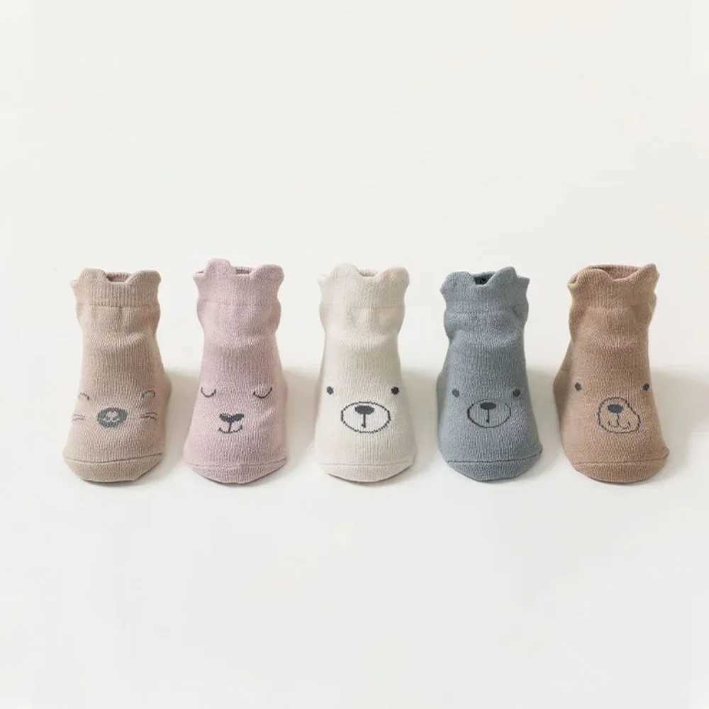 5 Pairs/lot Baby Non Slip Floor Sock 5colored Of Bear Print Infant Girl Cotton Socks Solid Autumn Anti Slip Childrens Knee Sock CL240824