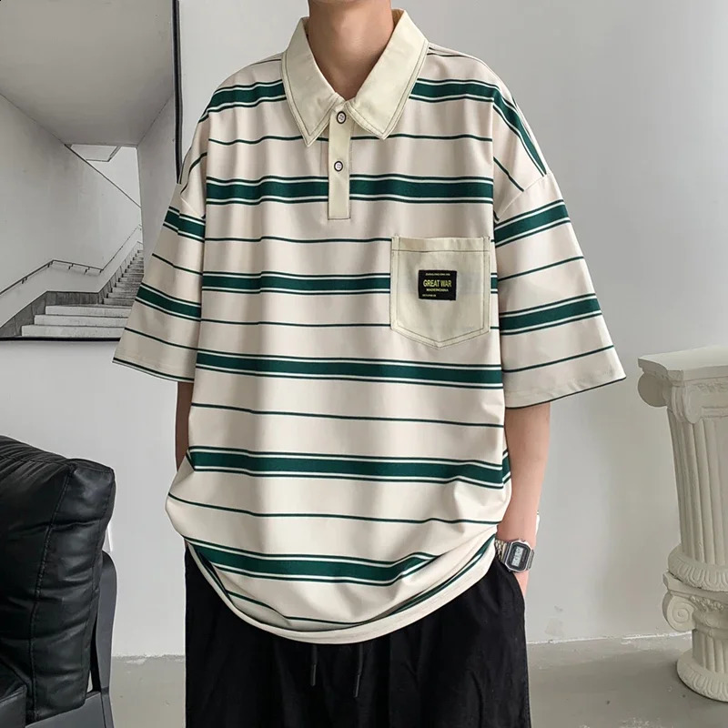 2024 Summer Men POLO Shirt Trend Loose Clothing Students Short-sleeved T Shirt Tops Round Neck Five-quarter Sleeve Harajuku 240814
