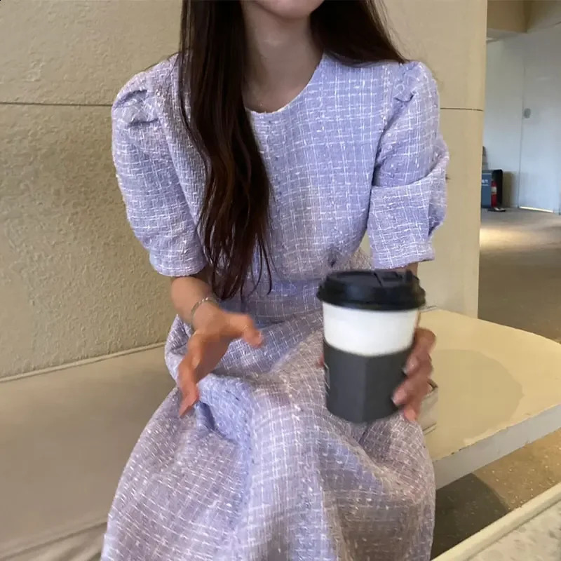 Iyundo Tweed Long Dresses O-neck Puff Sleeve Striped A-line One Piece Korea Dress Vintage Casual Young Lady Skirt Spring Clothes 240824