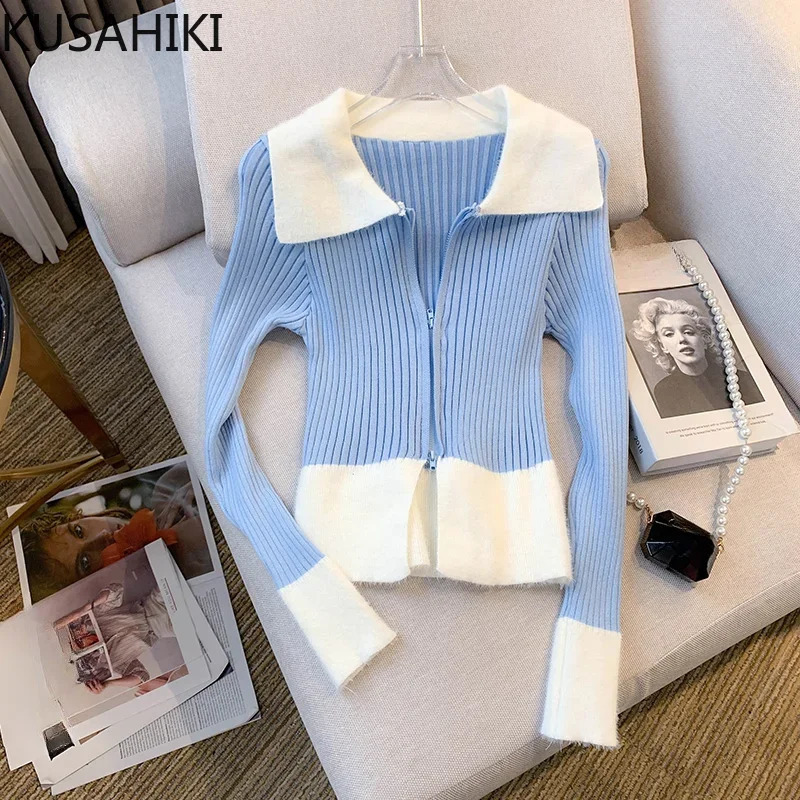 KUSAHIKI Autumn Sweet Spicy Slim Fit Knitted Sweater Jacket contrast Color Sexy Zipper Knitwear Coat Top 240824