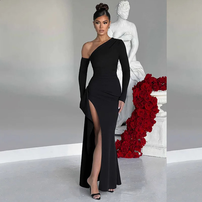 Slant Shoulder Long Sleeved Dress off Shoulder High Slit Sexy Evening Dress Elegant Fashionable Banquet Party Slim for Slimming 240823