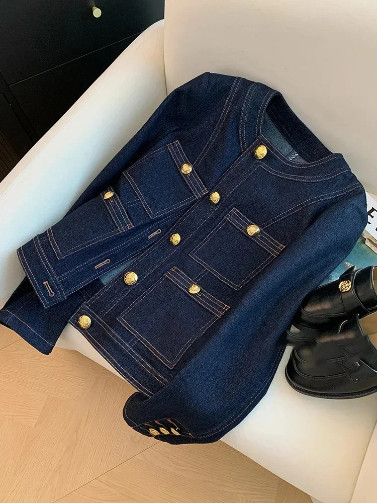 Syiwidii Blue Denim Jacket Women Autumn Classic Style Short Coat Korean Fashion Pockets O-Neck Female Loose Jackets 240824