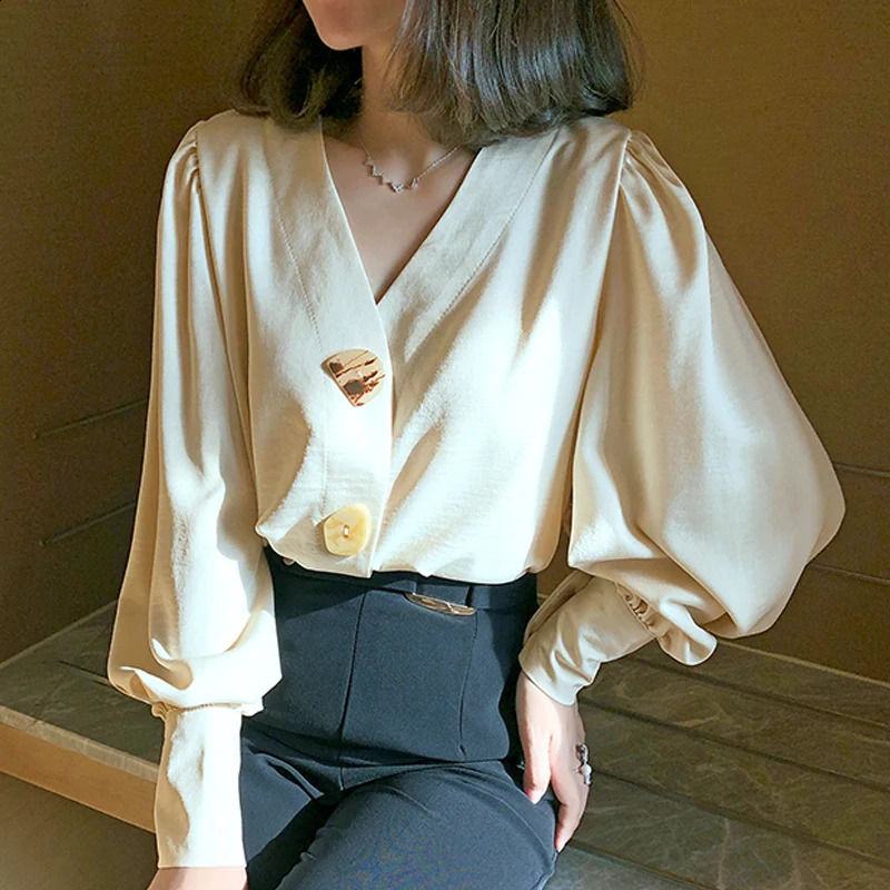 camisas y blusas Elegant V-neck Long Lantern Sleeve Womens Shirt Casual Loose Chiffon Blouses Office Lady Button Tops chemise 240823