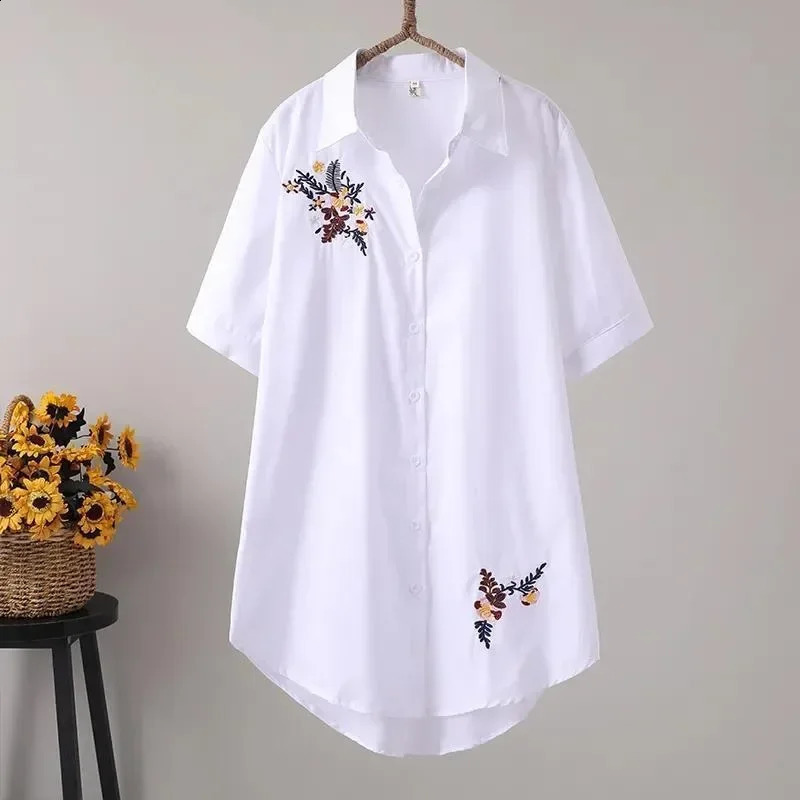 Feather Embroidery Long Blouse Women Short Sleeve Art Loose Blue Blouses and Tops Button Down Shirts 240823