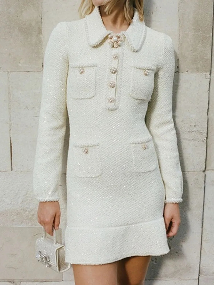 UCXQ Elegant Short Dress European Style Tweed Lapel Beading Button Long Sleeve Fashion Dresses For Women Spring Summer 9896 240824