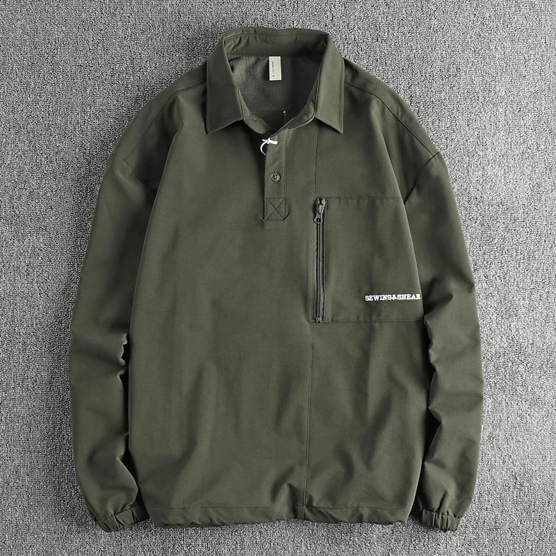 Zipper pocket n quick drying fabric mens polo shirt long sleeve American retro trend work shirt 240824