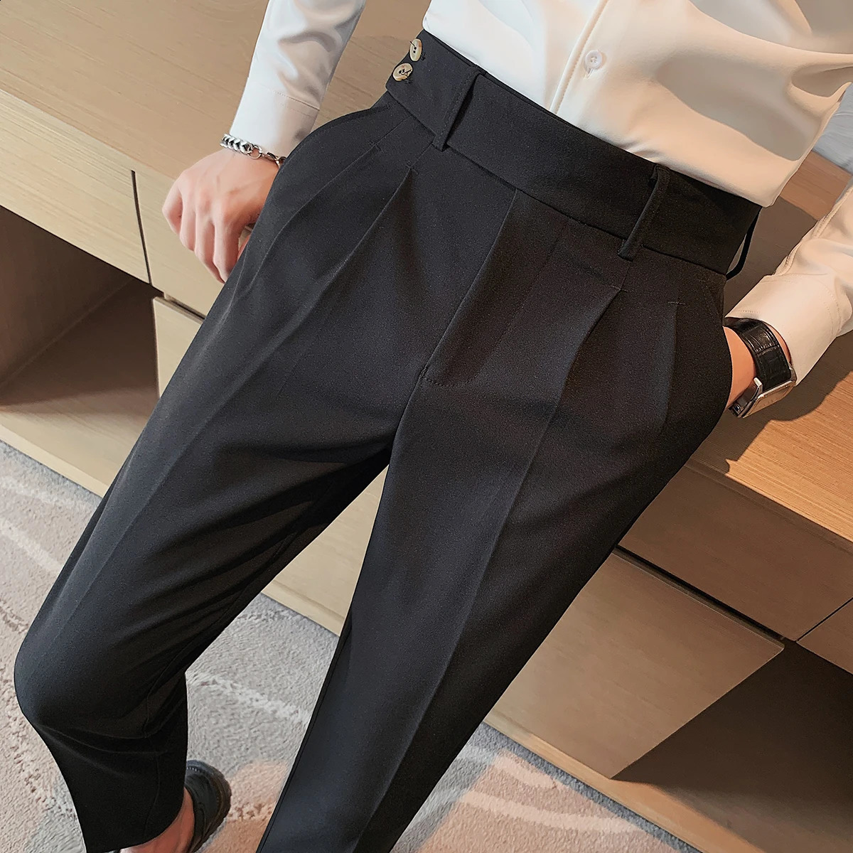 British Style Twill Pleat Naples High Waist Casual Trousers Fashion Man Slim Simple Social Party Suit Pant Plus Size 38 240820