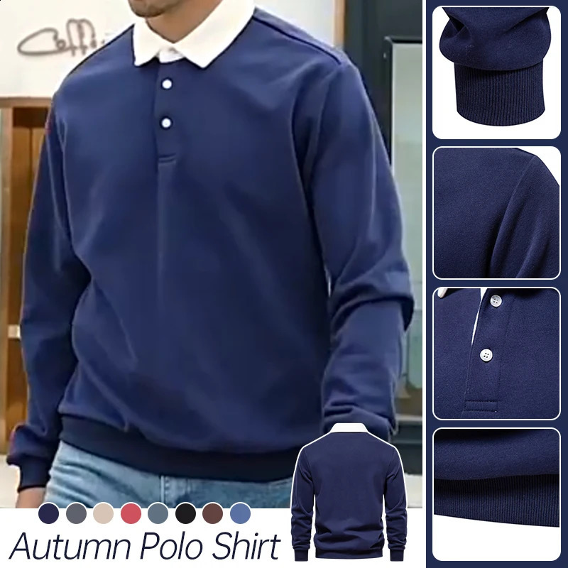 Mens Long-Sleeved Polo Shirt Solid Colour Lapel Sweatshirt Office Commuting Business Casual Pullover Fashion Sports T-Shirt 240824