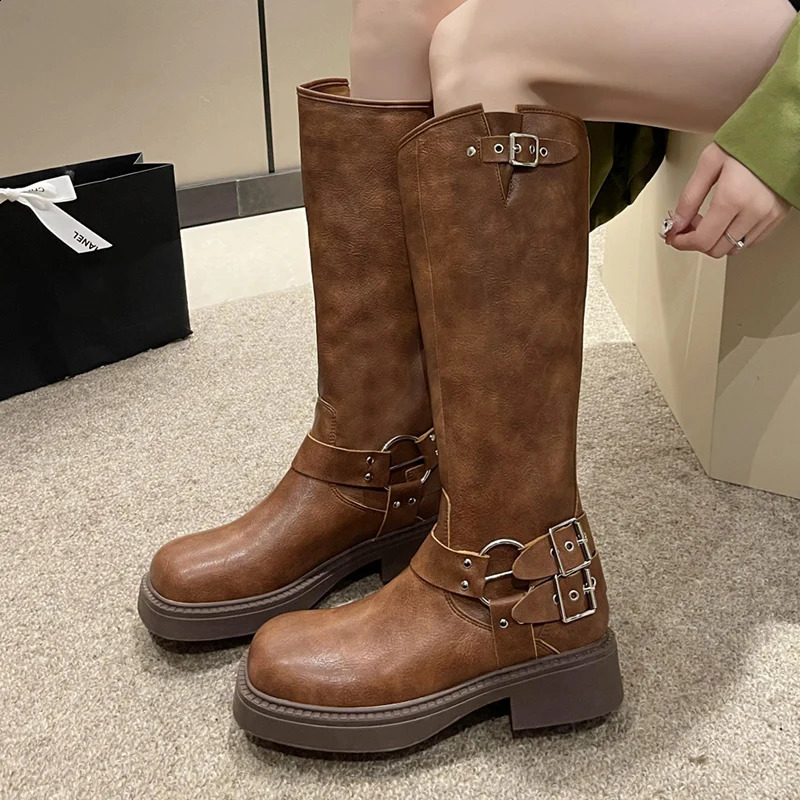 Retro button denim womens Western style boots Suqare toe platform knee high boots womens PU leather mid length Botas De Mujer 240823