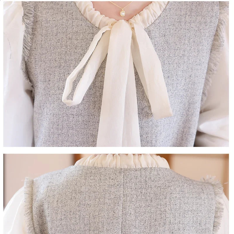 Bow Collar Small Fragrance French Dress Female Spring Loose Sweet Long Sleeve Stitching Light Tweed Office Women Mini Dress 240824