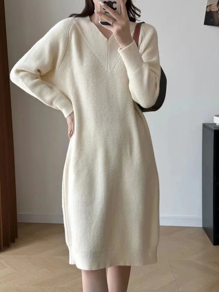 Party Temperament Slim Tweed Long Sleeved Woman knit Dress Vintage V-Neck Overknee Maxi Dresses for Women Vestidos Winter 240824