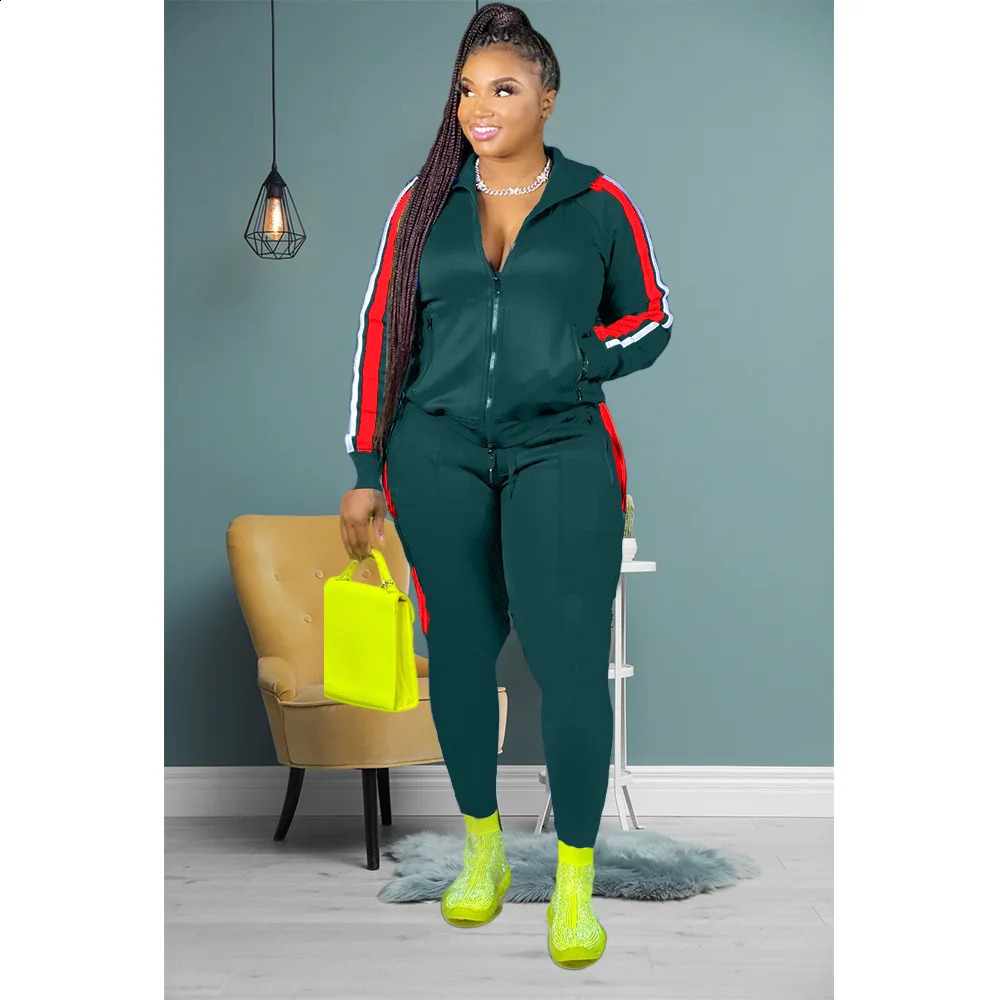 L-4XL Sport large plus size two piece set women clothing Splicing zip long sleeve top and pants suit Wholesale dropshopping 240823