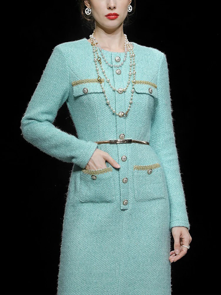 IEQJ Temperament Slim Waist Tweed Dress For Women Full Sleeve Office Lady Long Party Dresses Spring Fashion 3WQ1401 240824