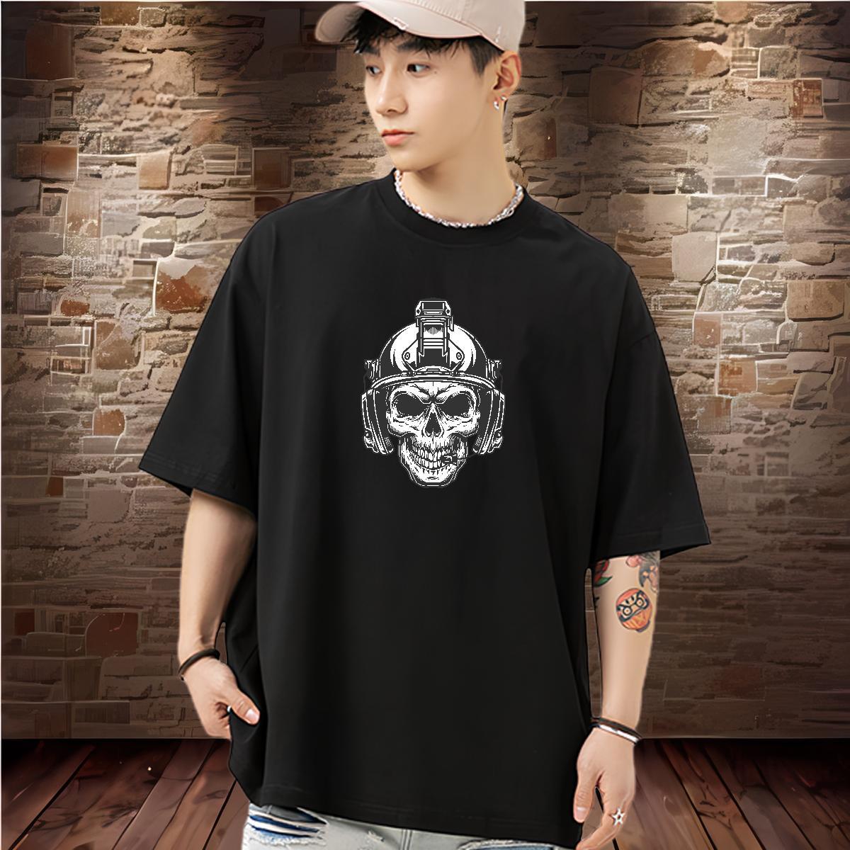 TOP Quality T shirt 230g Pure Cotton skull Casual Floral Print O-Neck Short Sleeve Tshirts Brand Tops