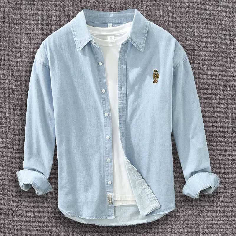 Retro mens denim shirt embroidered bear long sleeved shirt 100% pure cotton casual simple Japanese CamisaW240726