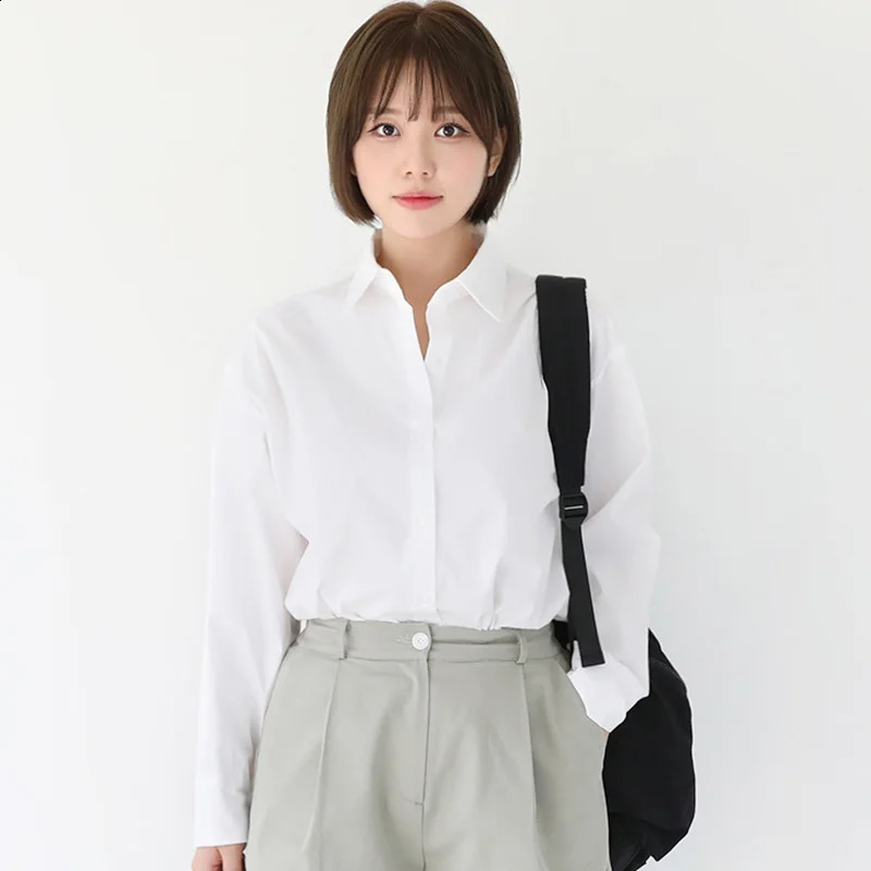 Fashion Spring Autumn Simple And Casual Loose Versatile Pure Color Lapel Shirt WomenS 100% Cotton Long Sleeve Underlay 240823