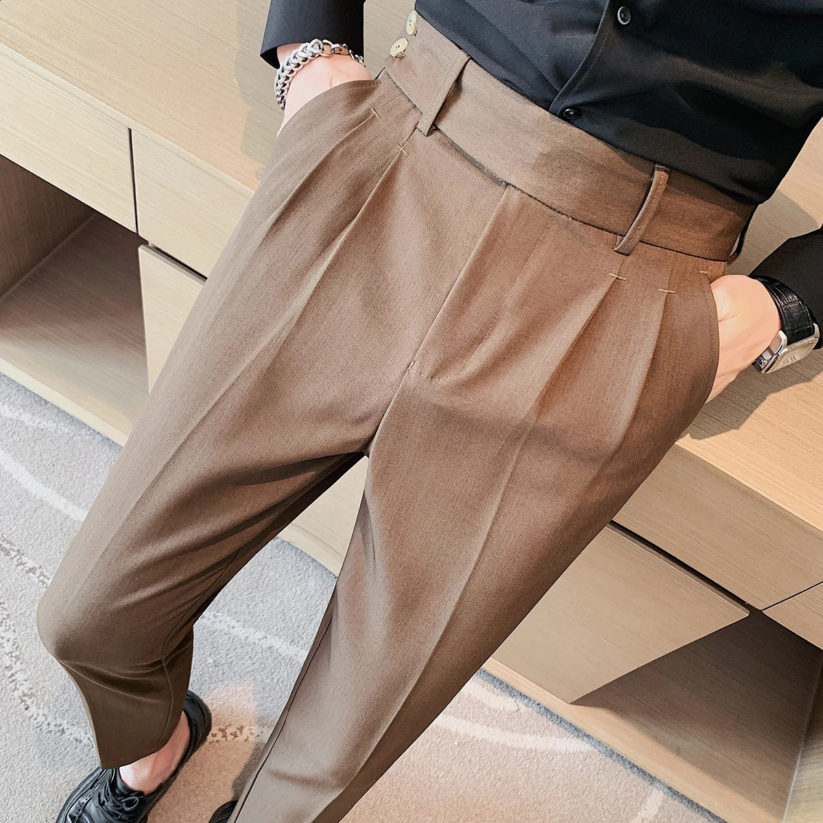 British Style Twill Pleat Naples High Waist Casual Trousers Fashion Man Slim Simple Social Party Suit Pant Plus Size 38 240820