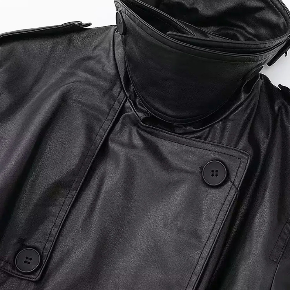 Autumn and Winter Long Oversized Black Pu Leather Trench Coat for Women Belt Double Breasted Loose Casual Korean Fashion 240824